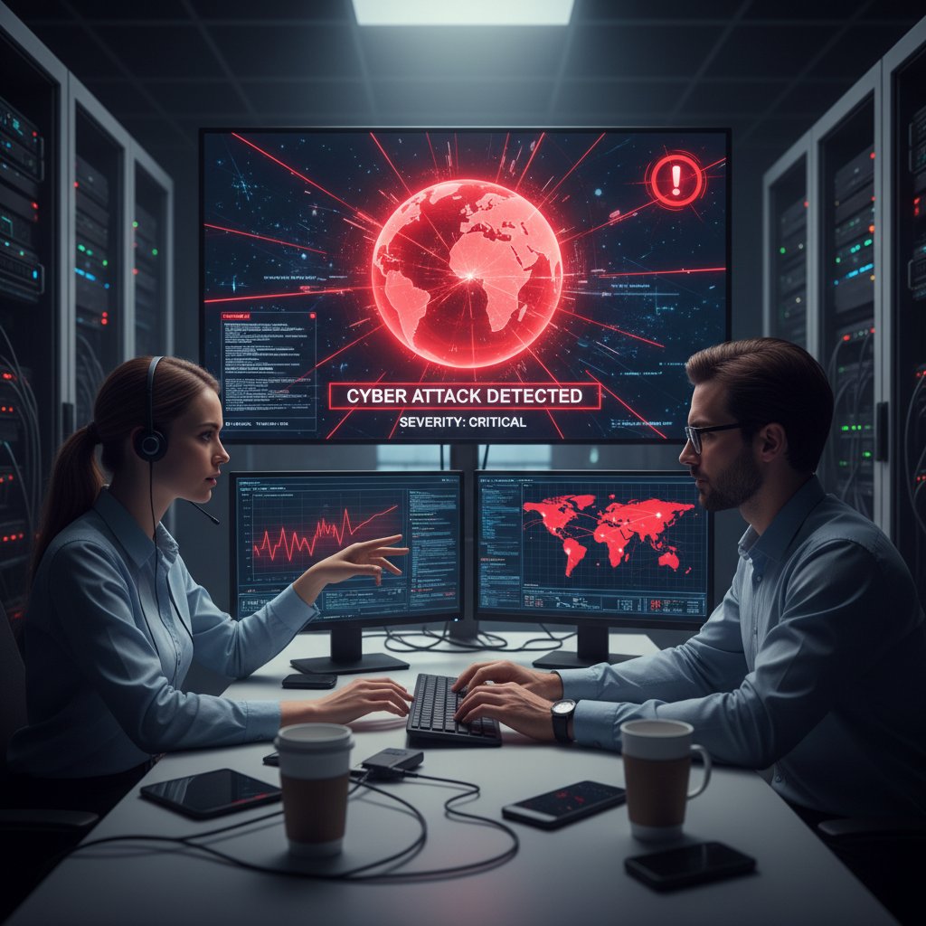 Specjaliści IT analizują konsekwencje cyberataku w centrum monitoringu