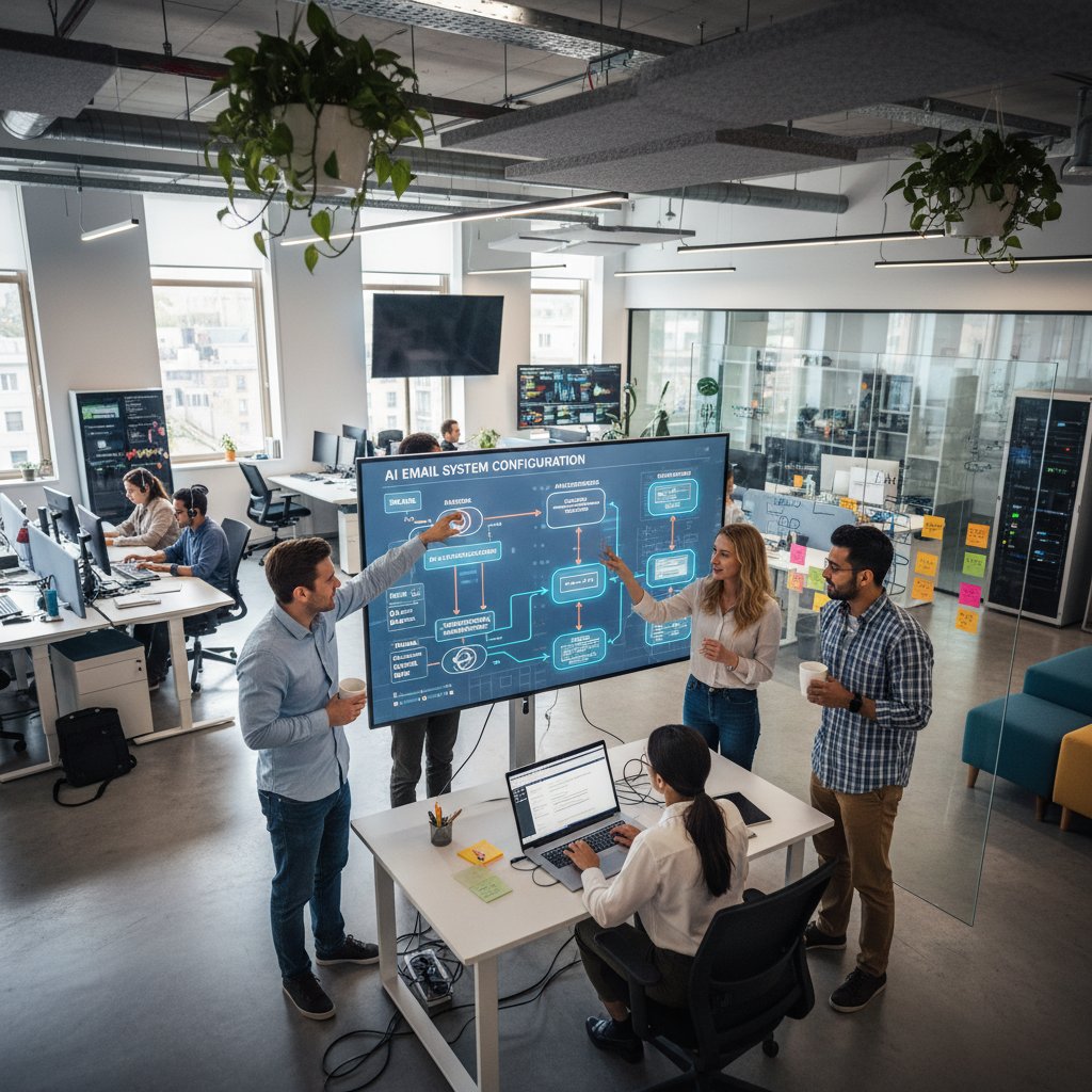 IT team configuring AI-powered email system, collaborative workspace, screens displaying workflow diagrams