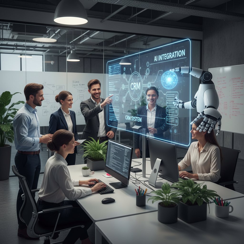 Zespół IT integrujący systemy AI z CRM – zdjęcie z elementami kodu na ekranach, biuro korporacyjne