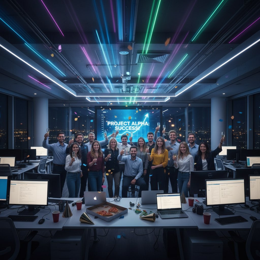 Pracownicy IT cieszący się z sukcesu w nowoczesnym biurze, wieczór, dynamiczne światło