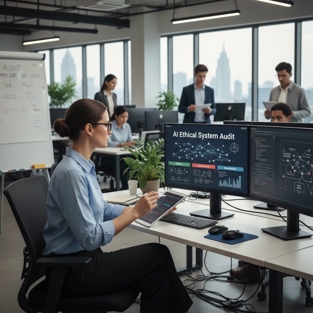 Pracownik IT analizujący system etyczny AI podczas audytu