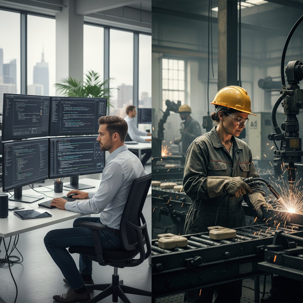 Programista i pracownik produkcji w kontrastujących środowiskach pracy