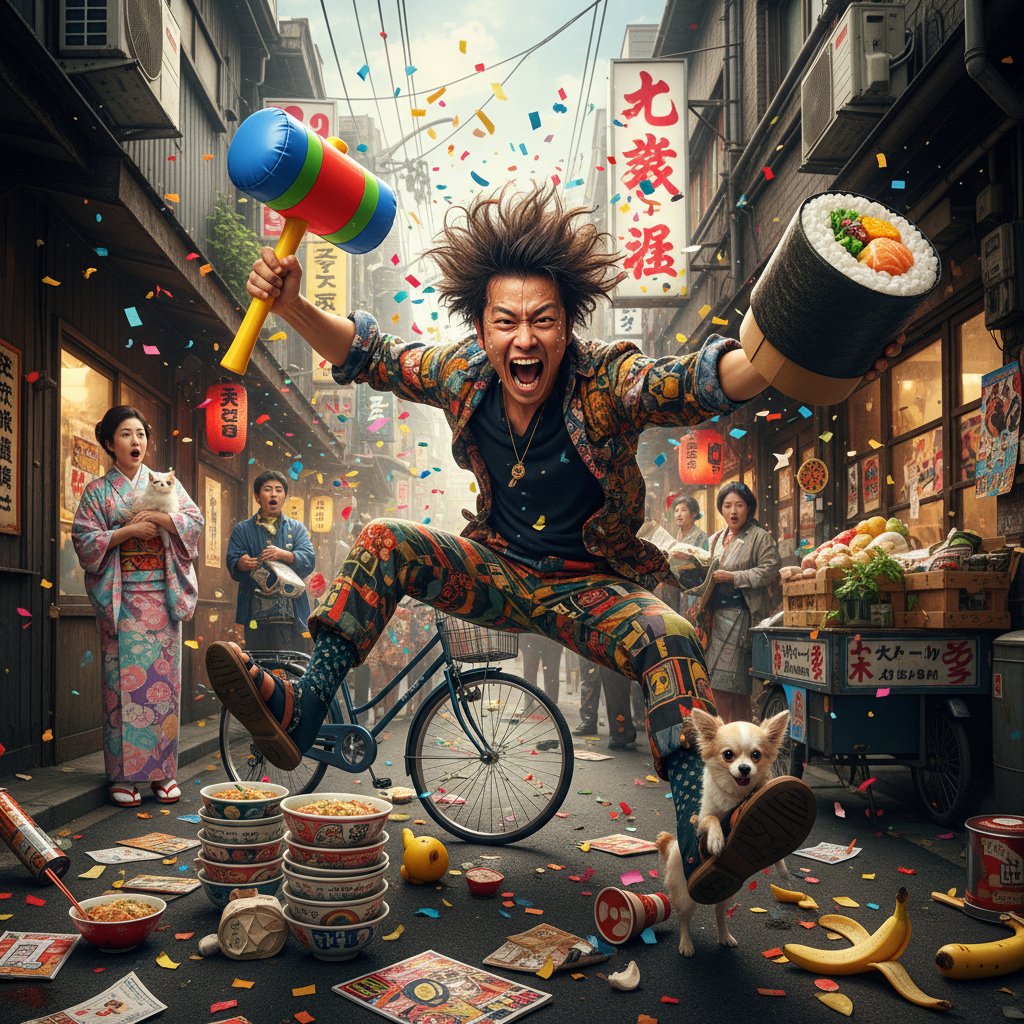 Still from a Japanese hot mess comedy, protagonist in colorful chaotic setting