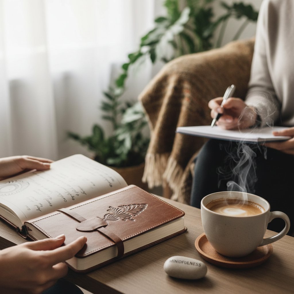 Dziennik i kawa jako narzędzia wsparcia po terapii, słowa kluczowe: zakończenie terapii, wsparcie, dziennik, mindfulness
