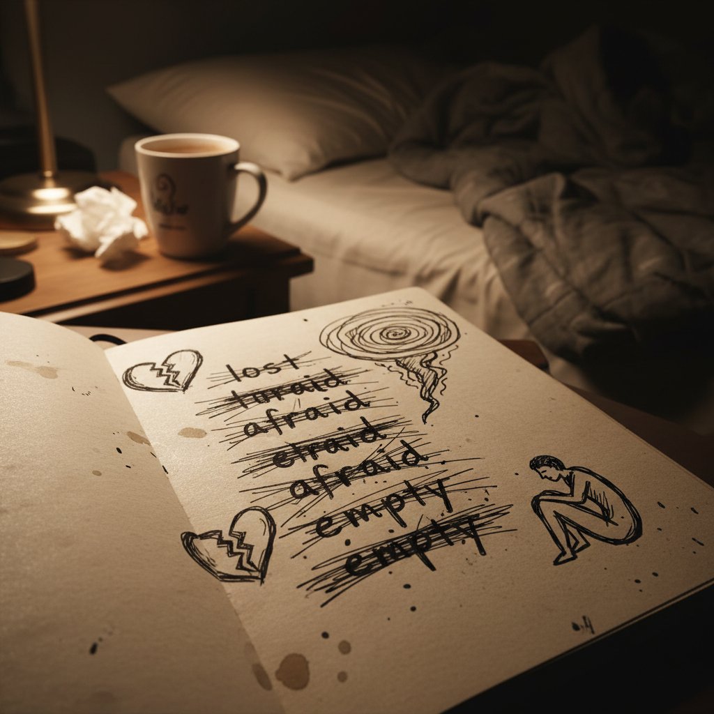 Journal page with crossed-out sentences and doodles, dimly lit bedroom, vulnerable journaling, gritty realism