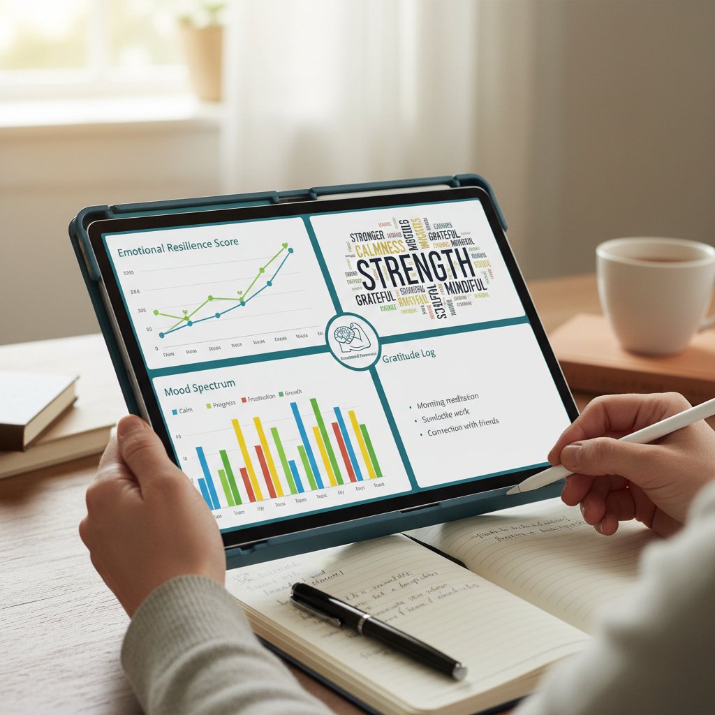 Photo of a person using a tablet with emotional analytics dashboard, journaling for resilience