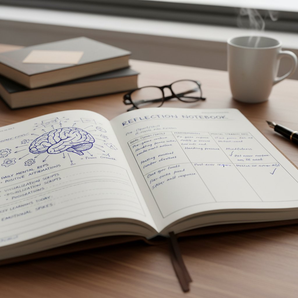 Zbliżenie na notatnik z zapiskami dotyczącymi treningu mentalnego, symbolizującymi journaling i refleksję