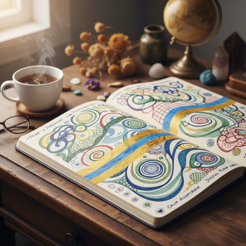 Montage of journal pages with highlighted emotional patterns, supporting emotional intelligence development