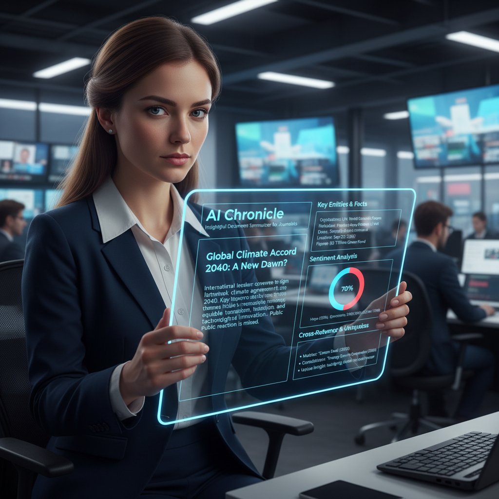 Journalist analyzing AI-generated document summary, document summarizer for detailed insights