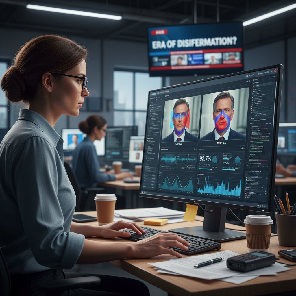 Redaktor analizujący zdjęcie podejrzane o bycie deepfake w redakcji