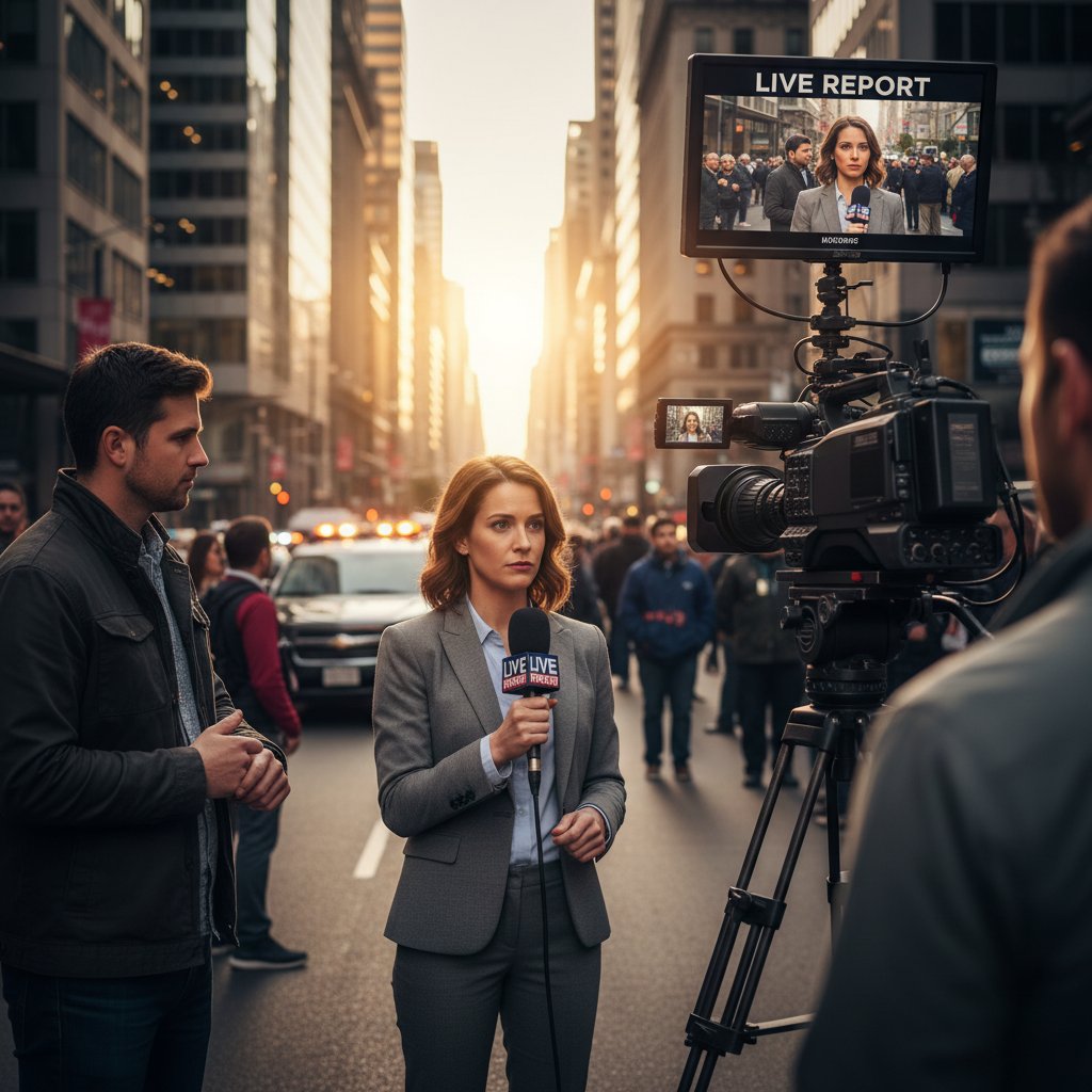 Dziennikarz prowadzący wywiad o tramadolu, mikrofon, kamera TV w tle
