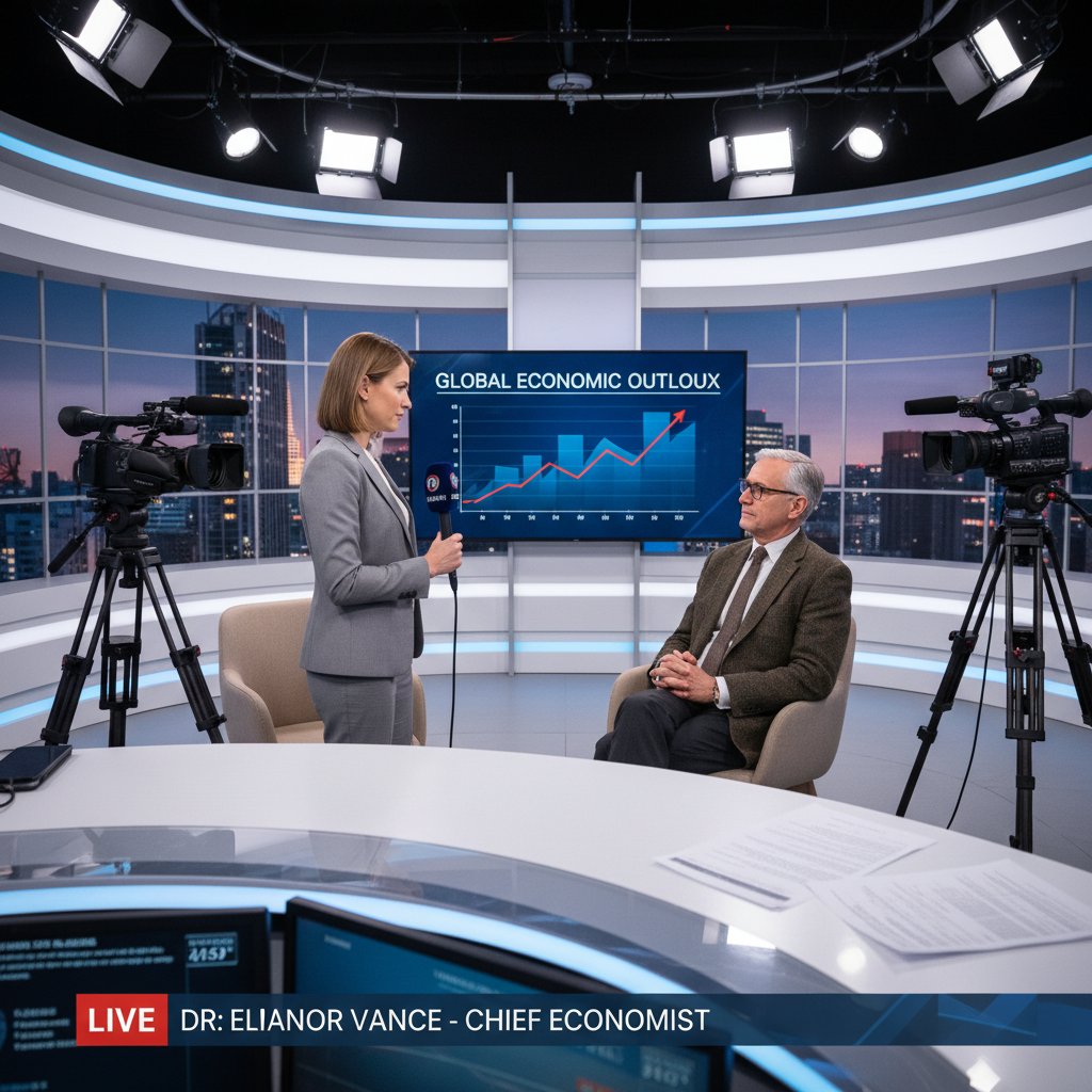 Dziennikarz rozmawiający z ekspertem na tle studia telewizyjnego, atmosfera sensacji