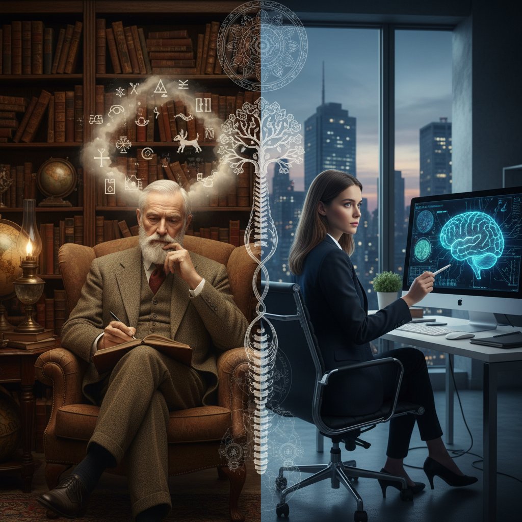 Kontrastowy portret Junga obok nowoczesnego psychologa; symboliczne zestawienie koncepcji anima animus