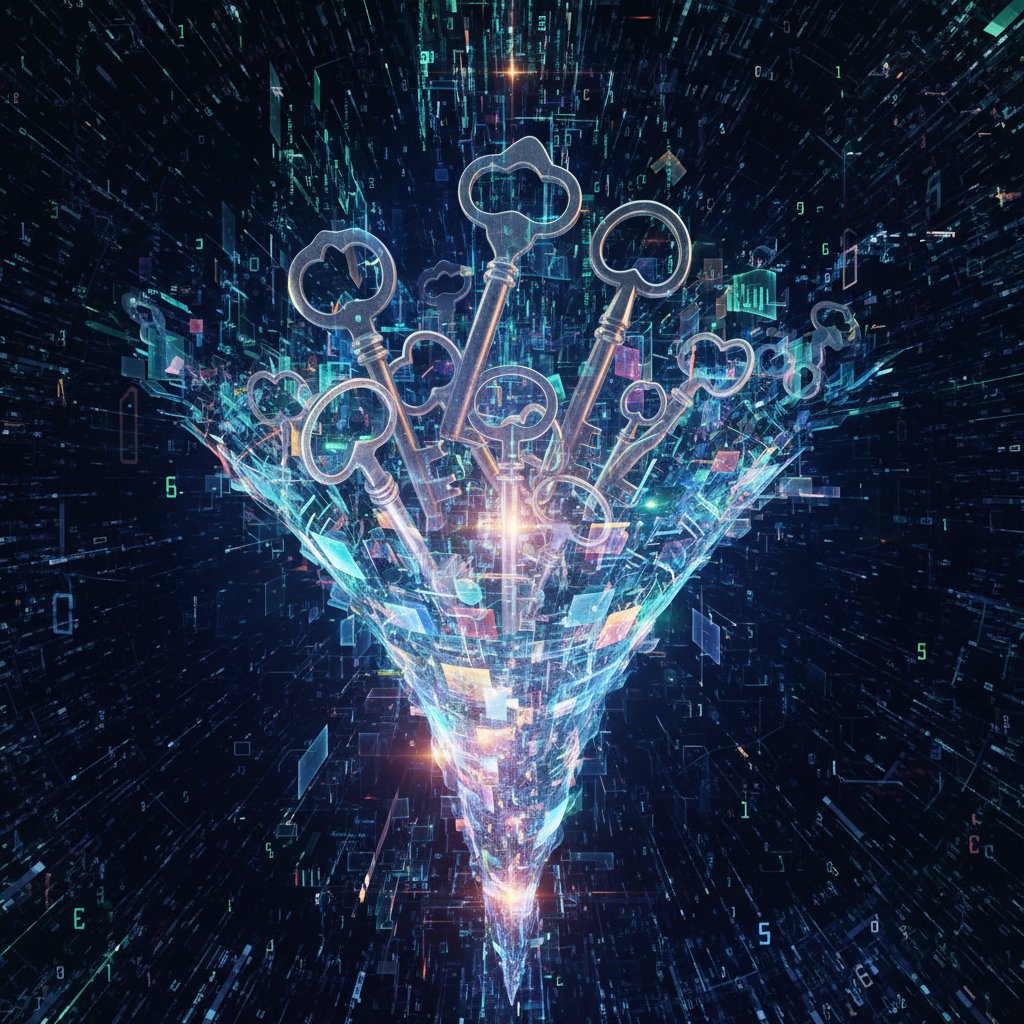 Conceptual photo of car keys dissolving into digital code, transition to digital car ownership
