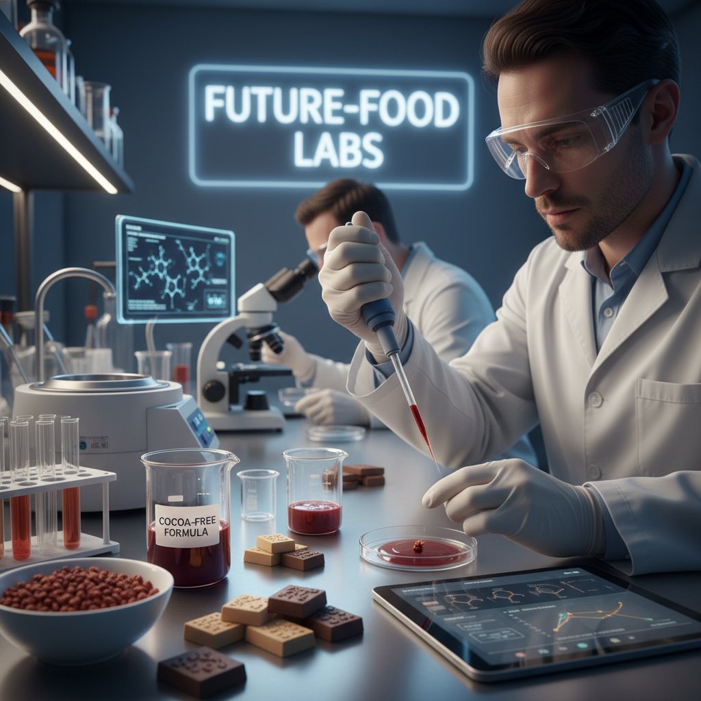 Laboratoryjna czekolada, zamienniki kakao, naukowiec testujący produkt