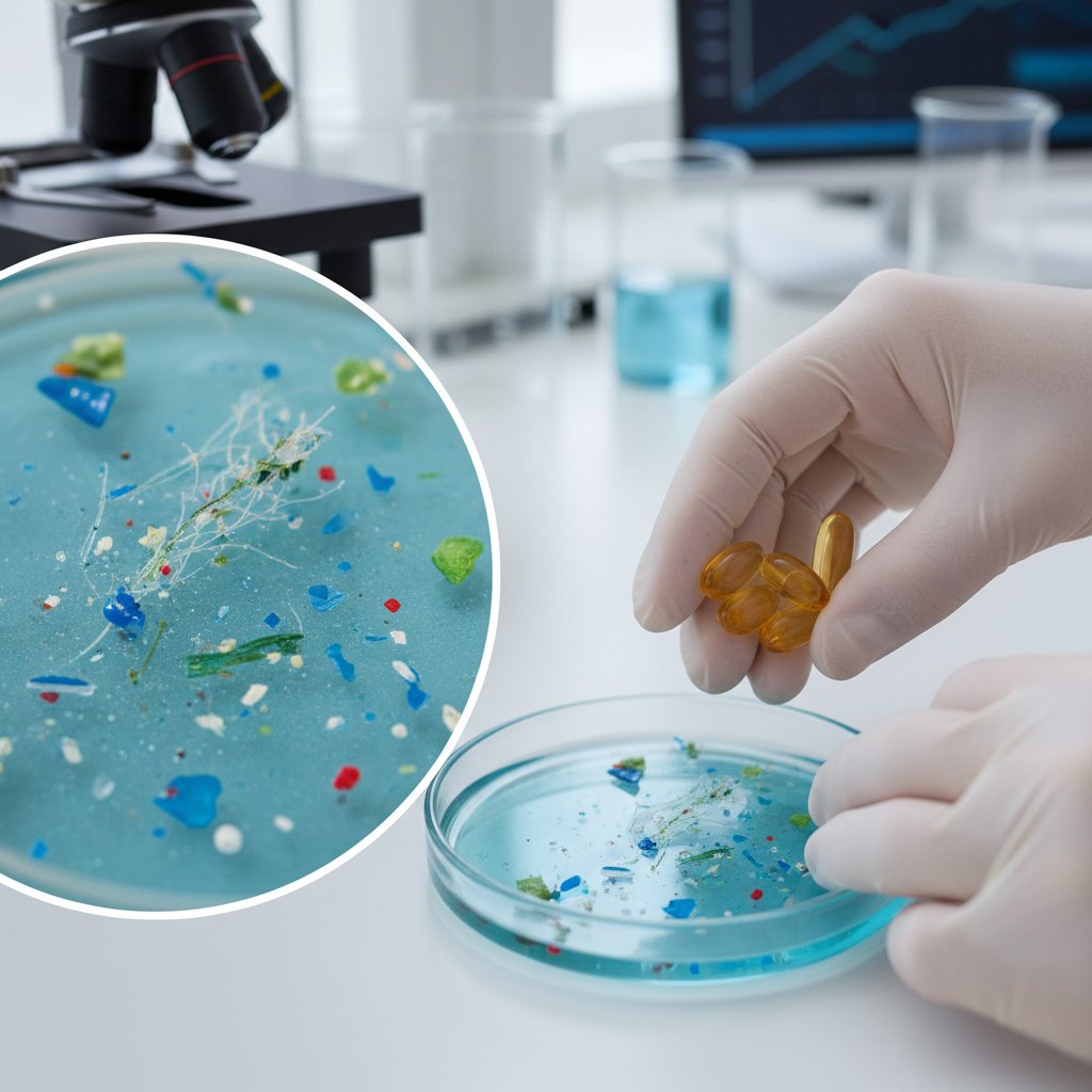 Ręce w rękawiczkach laboratoryjnych trzymające kapsułki tranu i próbki wody z drobinami plastiku