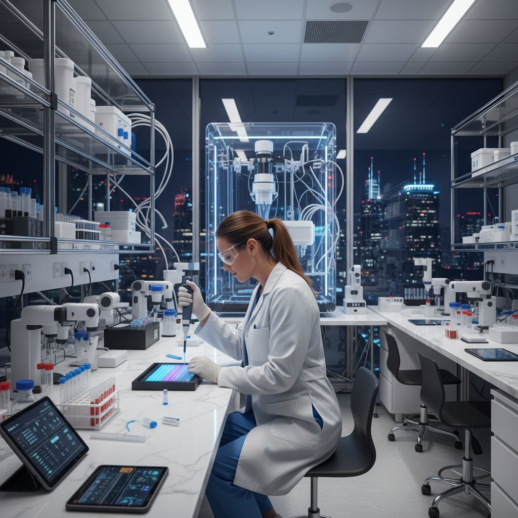 Laborantka analizująca próbkę DNA, laboratorium medyczne, nowoczesne wnętrze