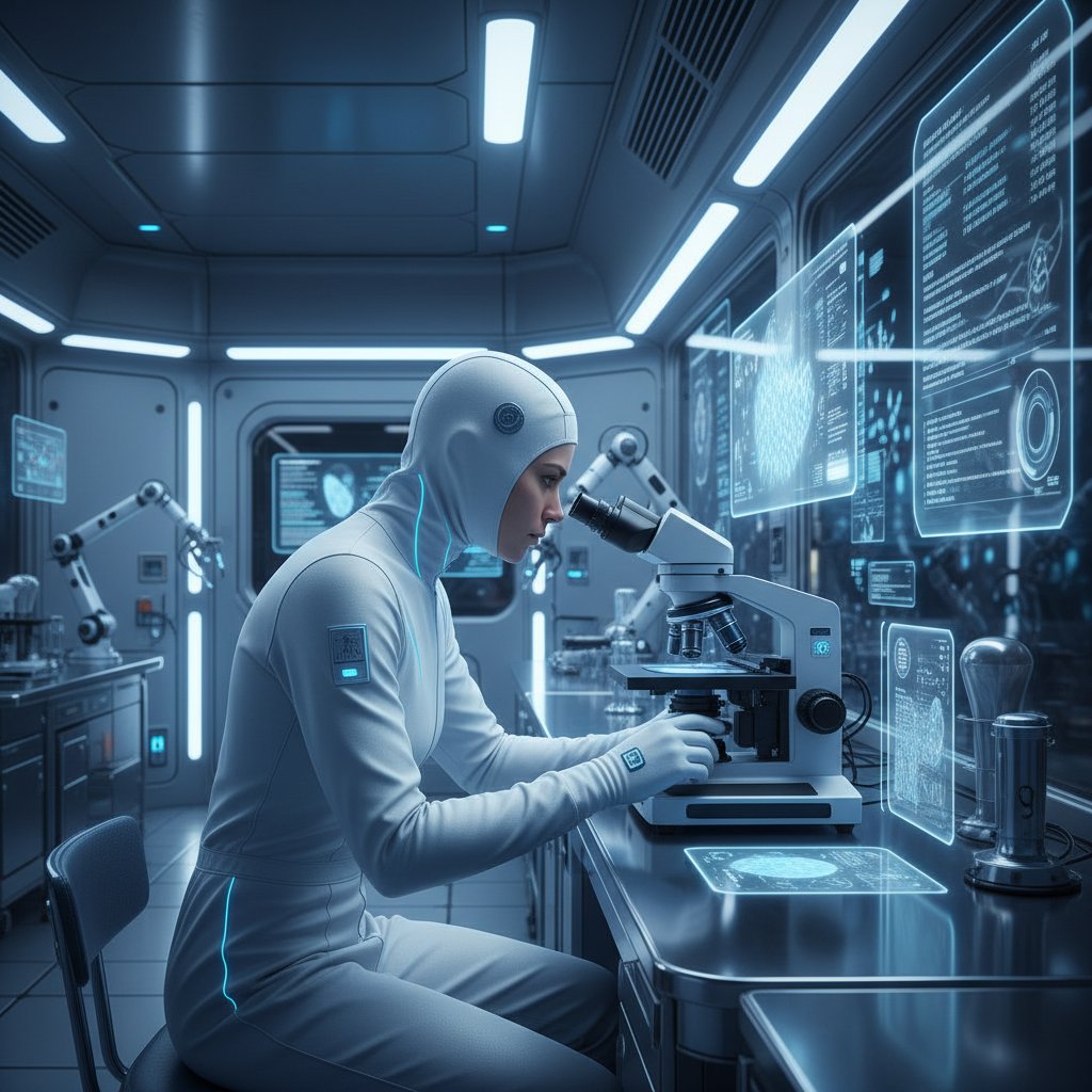 Laborant analizujący próbki skóry pod mikroskopem w nowoczesnym laboratorium, oświetlenie zimne niebieskie, zaawansowana technologia, badania nad egzemą