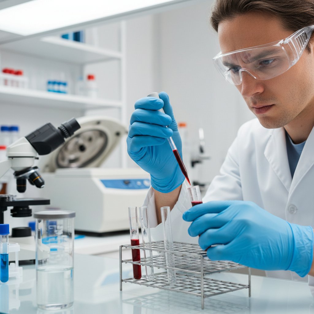 Pracownik laboratorium analizujący próbkę krwi, skupienie i profesjonalizm