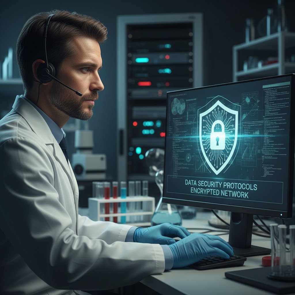 Pracownik laboratorium siedzący przy komputerze z wyświetlonym panelem ochrony danych, napięcie i koncentracja na twarzy