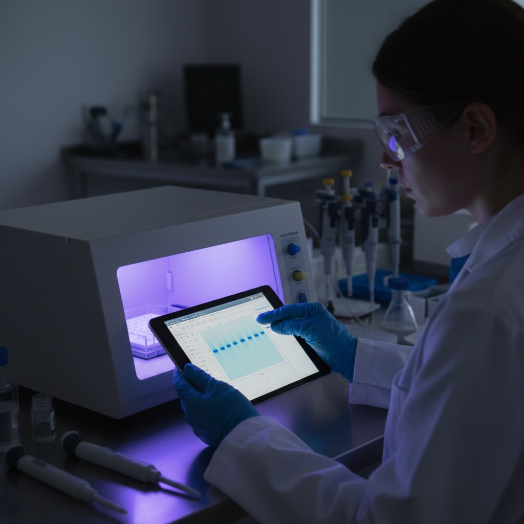 Technik laboratoryjny analizuje DNA – zdjęcie z laboratorium podczas badania genetycznego