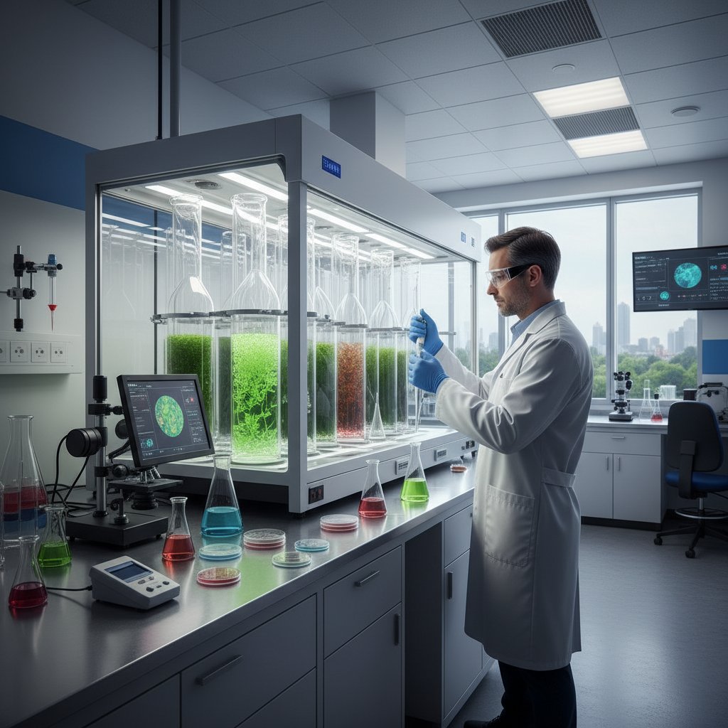 Laborant pracujący przy hodowli mikroalg w nowoczesnym laboratorium