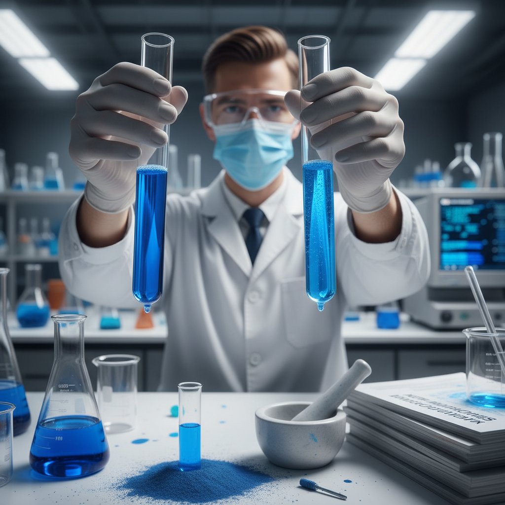 Laboratorium tworzące nowy odcień niebieskiego – technik pracujący z probówkami i pigmentami