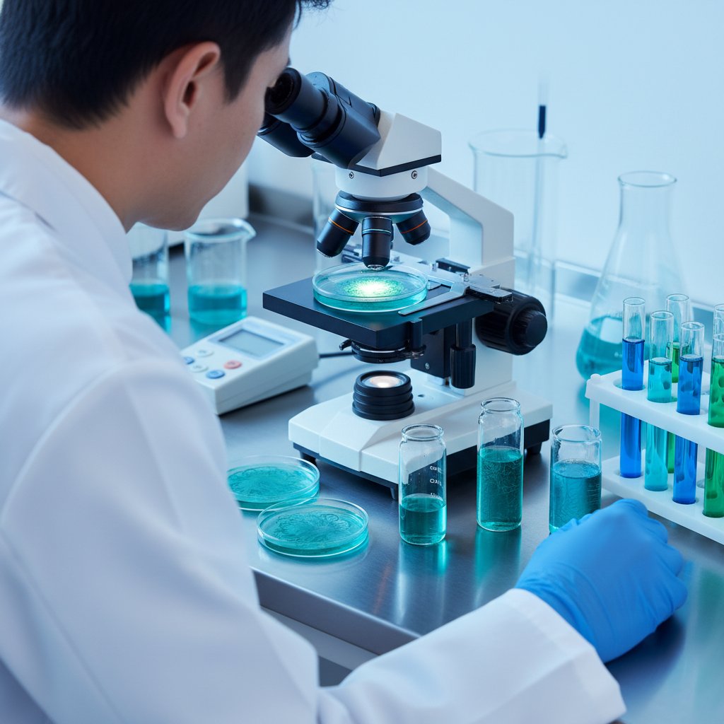 Laborant badający próbki spiruliny pod mikroskopem, laboratorium, niebiesko-zielone barwy