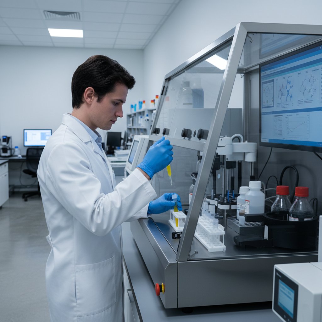 Laborant analizujący próbkę moczu za pomocą nowoczesnej aparatury w laboratorium