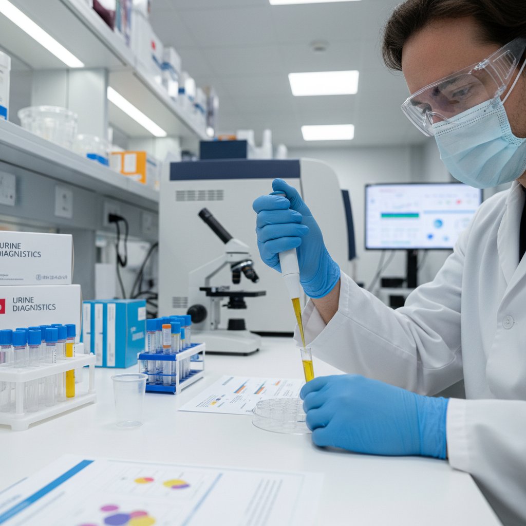 Laborantka analizująca próbki moczu w nowoczesnym laboratorium, skupienie na procesie diagnostycznym