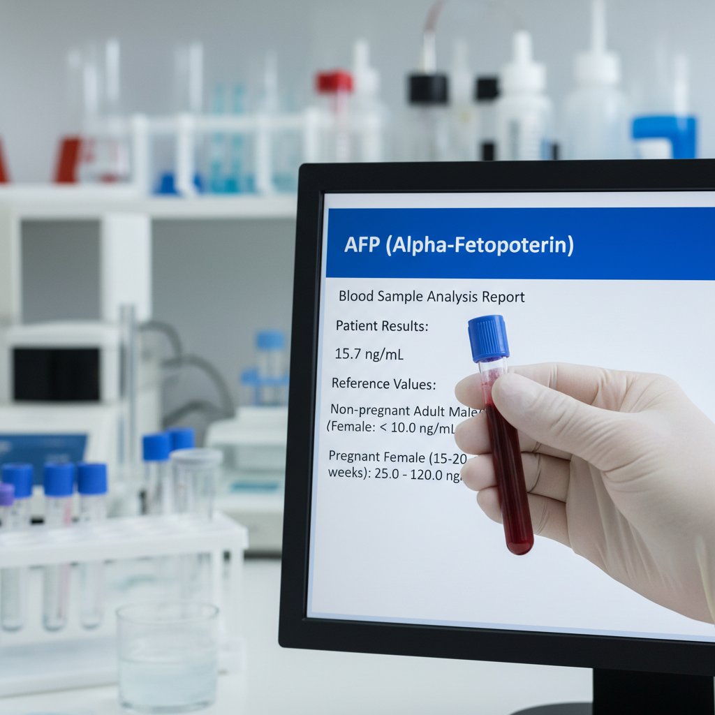 Zdjęcie laboratorium, w tle tablica z normami laboratoryjnymi, na pierwszym planie próbka krwi oznaczona jako AFP