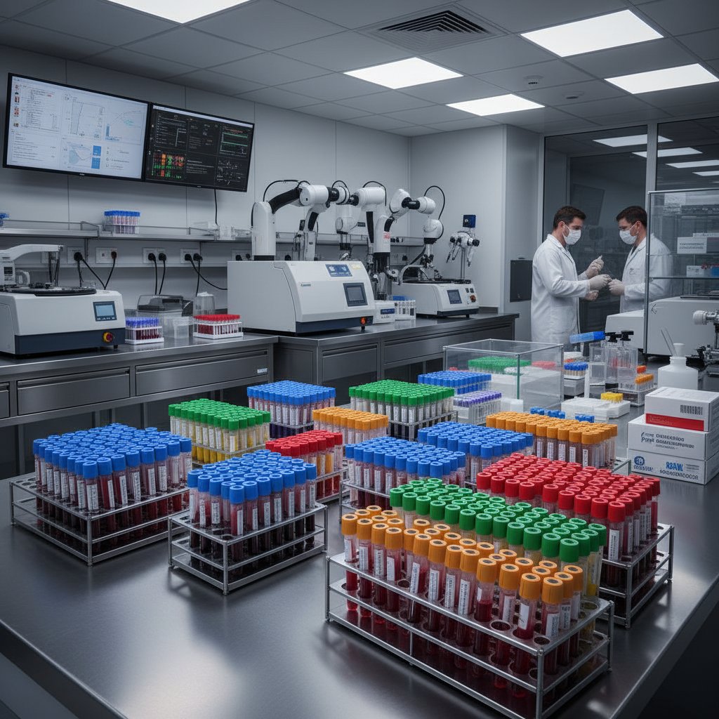 Zbliżenie na laboratorium i fiolki z próbkami krwi – hormonalna diagnostyka