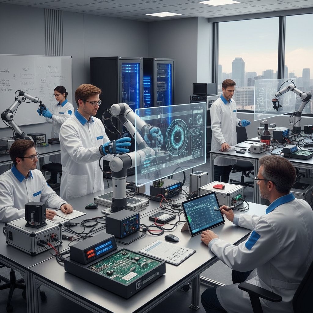 Laboratorium badawcze, inżynierowie testują zaawansowane urządzenia haptyczne
