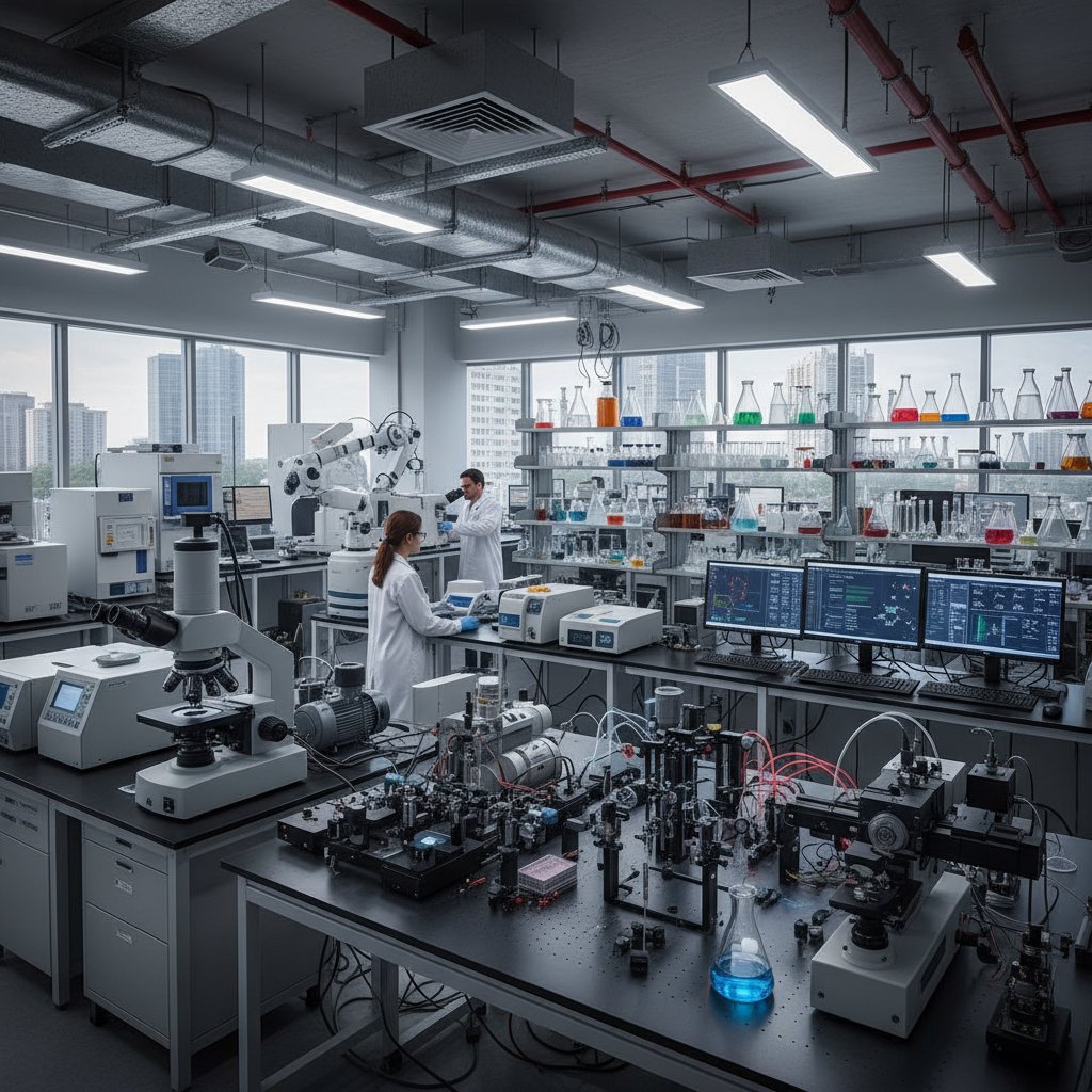 Laboratorium naukowe z różnymi instrumentami – symbol interdyscyplinarnej komplementarności