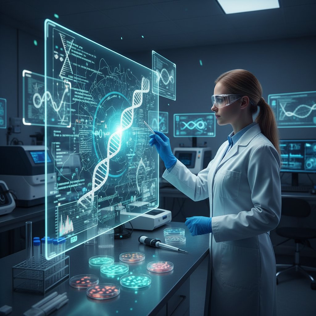 Zdjęcie laboratorium i naukowca analizującego dane genetyczne