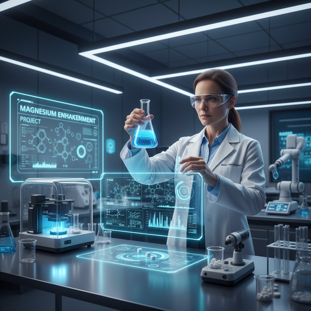 Nowoczesne laboratorium, naukowiec pracujący nad kapsułkami magnezu, nowoczesne technologie