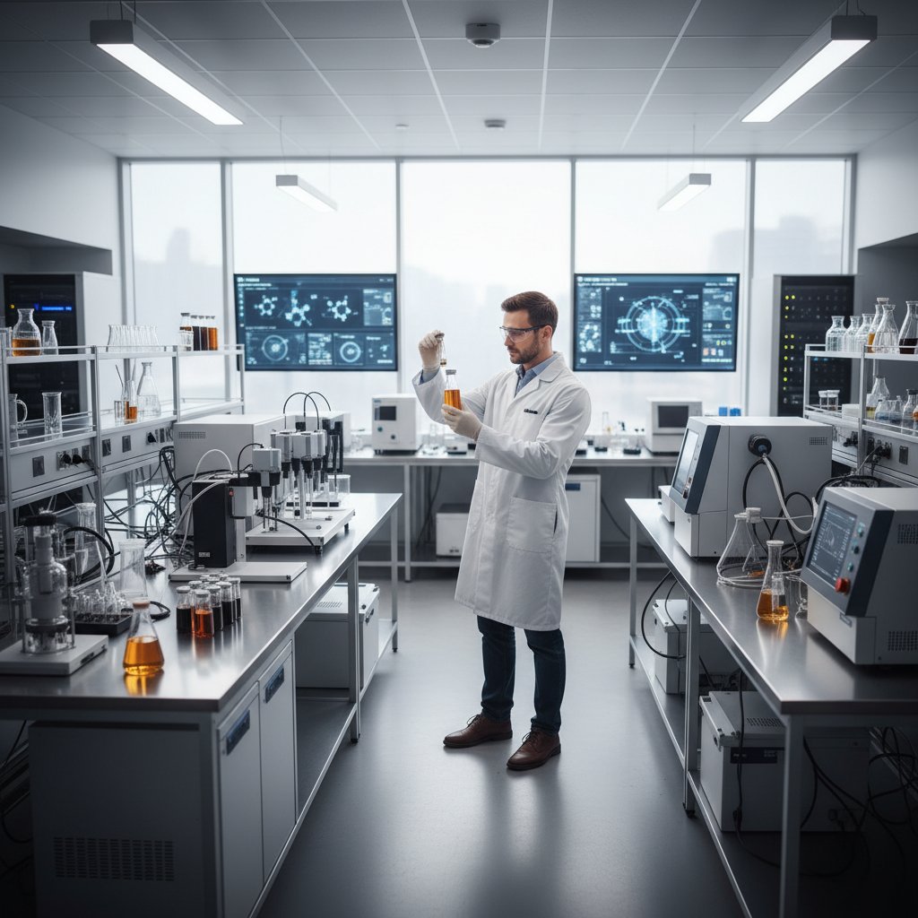 Zdjęcie laboratorium z naukowcem analizującym próbki oleju, na stole nowoczesne urządzenia i zbliżenie na fiolki z różnymi kolorami tłuszczów – innowacje w produkcji najzdrowszych olejów roślinnych
