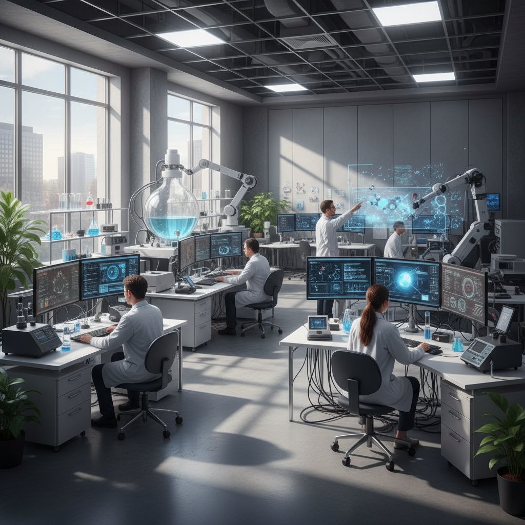 Laboratorium analityczne, naukowcy przy komputerach, nowoczesny sprzęt, światło dzienne
