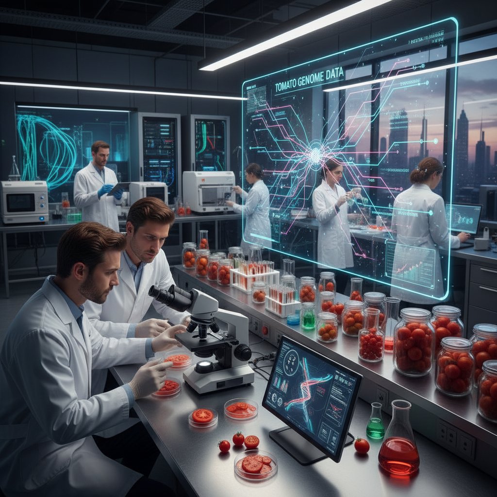 Laboratorium z naukowcami badającymi próbki pomidorów pod mikroskopem, nowoczesne urządzenia digitalne