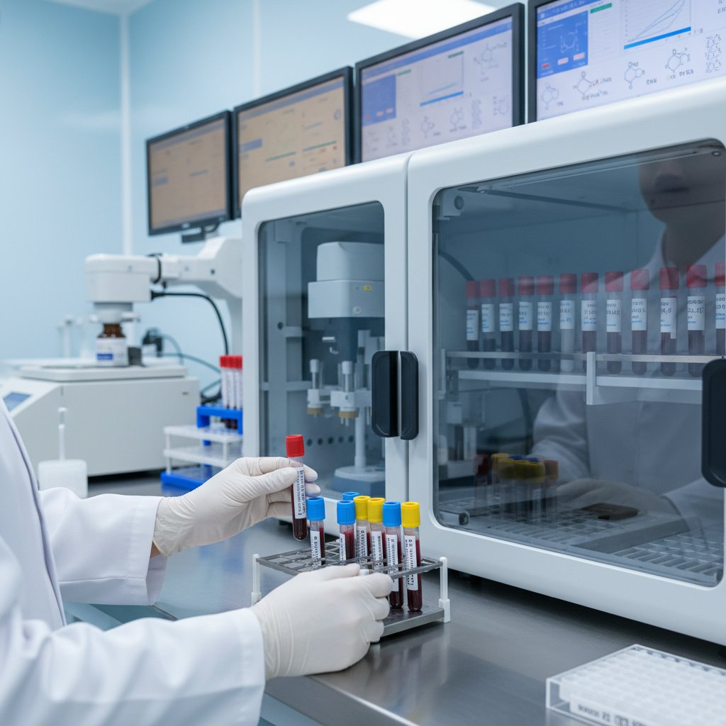 Zdjęcie laboratoryjne fiolki z krwią na tle monitora, obrazujące badania biochemiczne