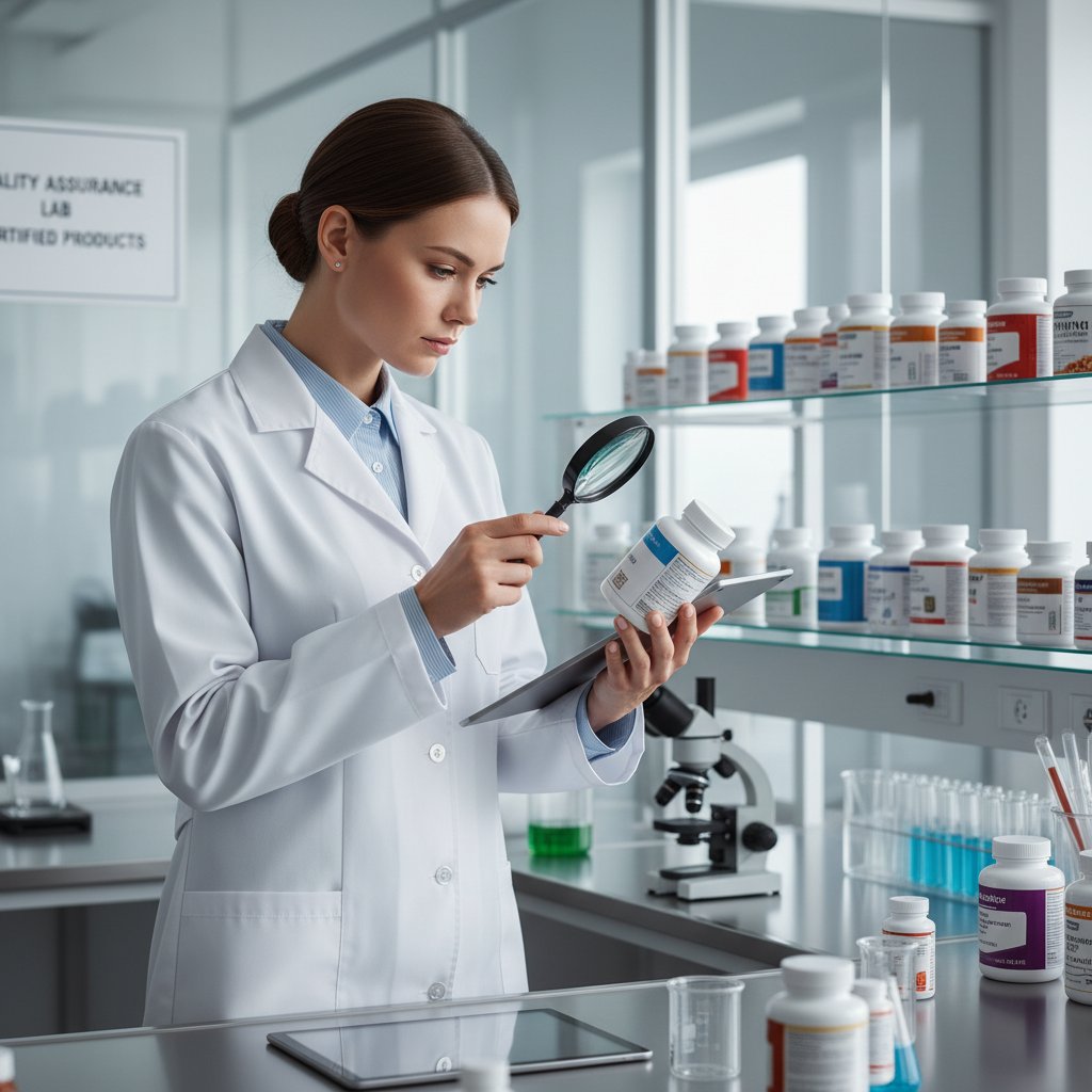 Inspektor laboratorium kontrolujący etykiety suplementów, formalne otoczenie