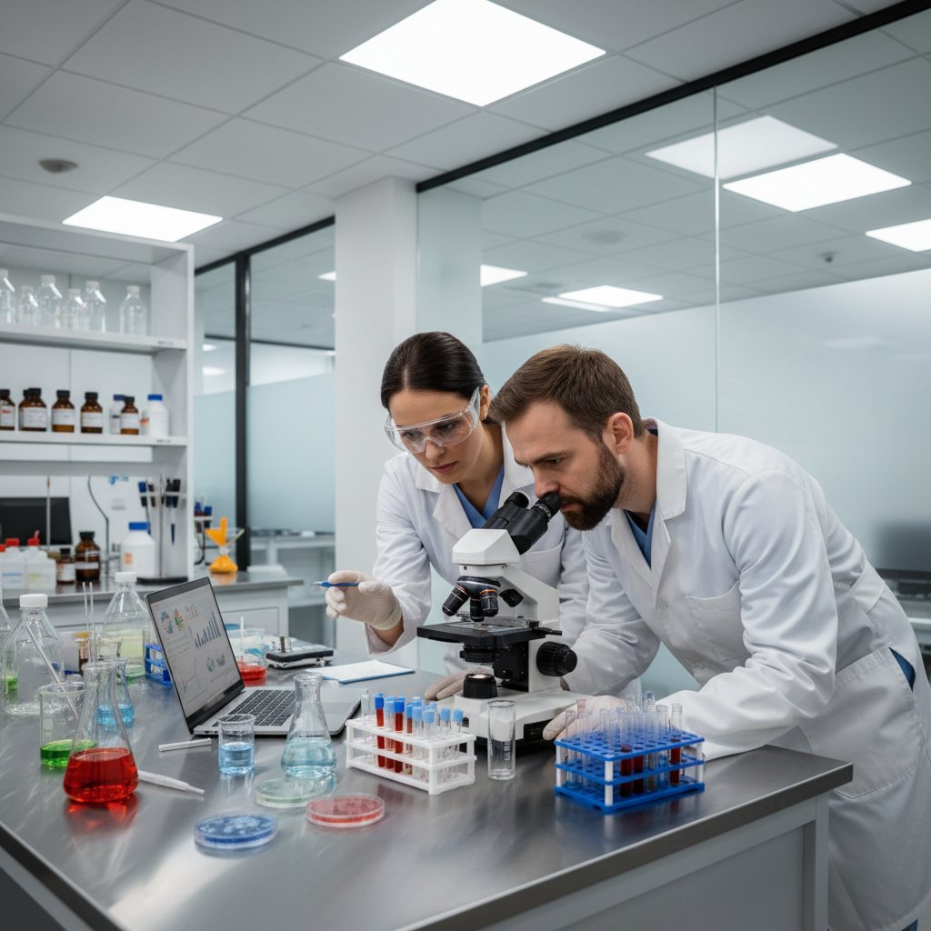 Czarno-białe zdjęcie naukowców przy pracy w laboratorium immunologicznym, na pierwszym planie mikroskop
