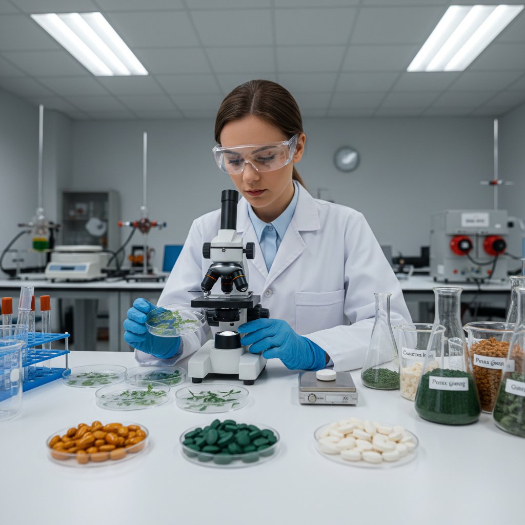Zdjęcie laboratorium, naukowca analizującego próbki roślinne z tabletkami obok