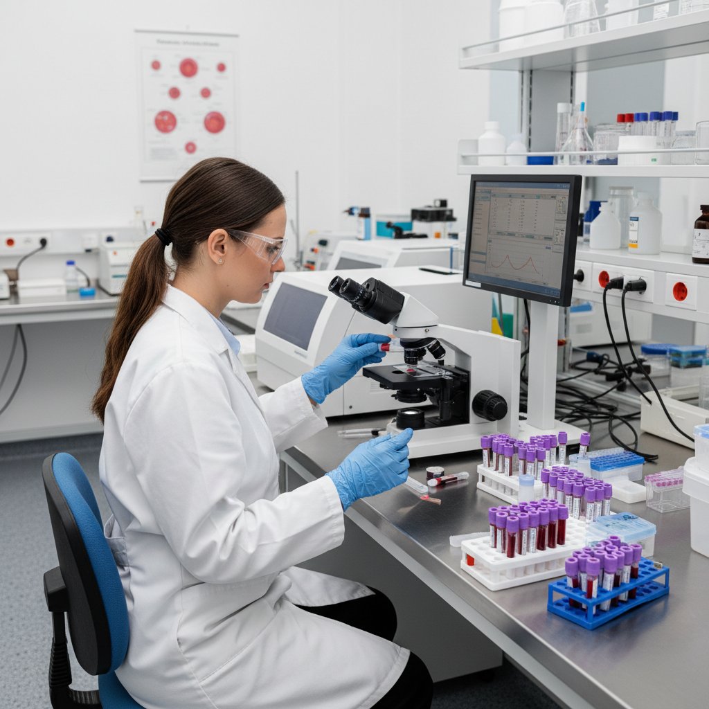 Laborant analizujący próbkę krwi w nowoczesnym laboratorium, pH krwi, równowaga kwasowo-zasadowa
