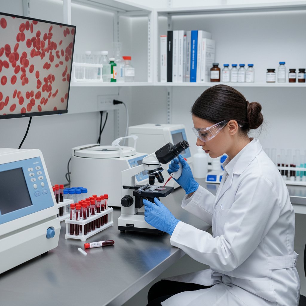 Laborant w białym fartuchu analizuje próbki krwi na nowoczesnym sprzęcie laboratoryjnym – badanie RF