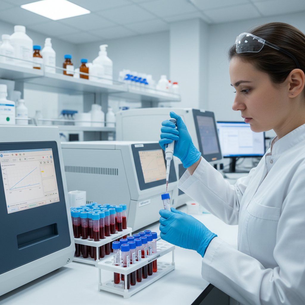 Laborantka analizująca próbki krwi w laboratorium – diagnostyka hormonalna