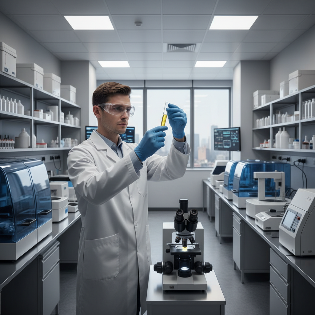 Zbliżenie na laboranta analizującego próbkę moczu w szklanym pojemniku, laboratorium medyczne, chłodne światło