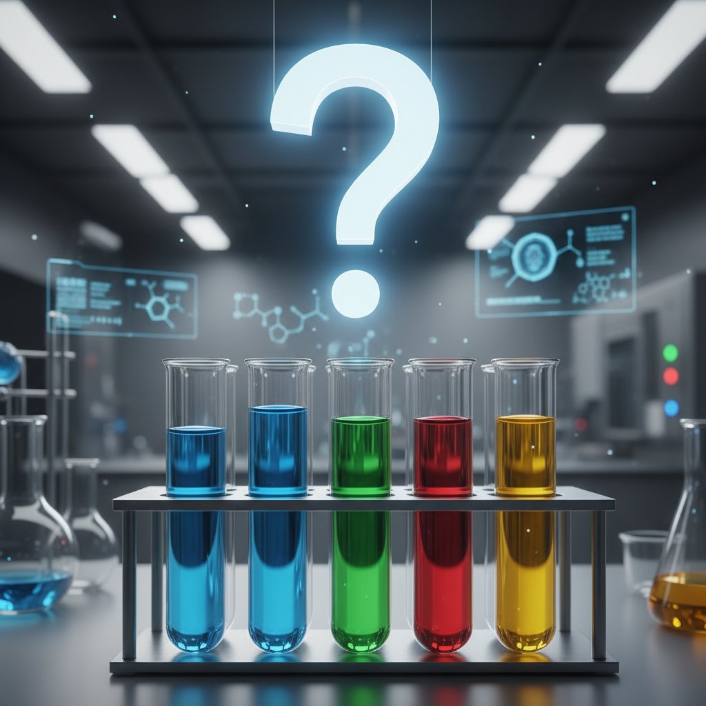 Różnorodne probówki laboratoryjne z symbolizującym pytajnikiem – czym są badania reumatologiczne?