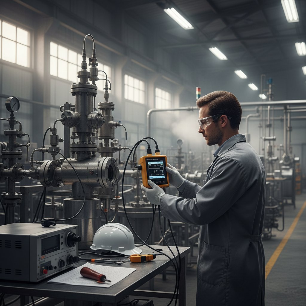 Pracownik laboratorium analizujący próbki powietrza za pomocą kapnometru w środowisku przemysłowym
