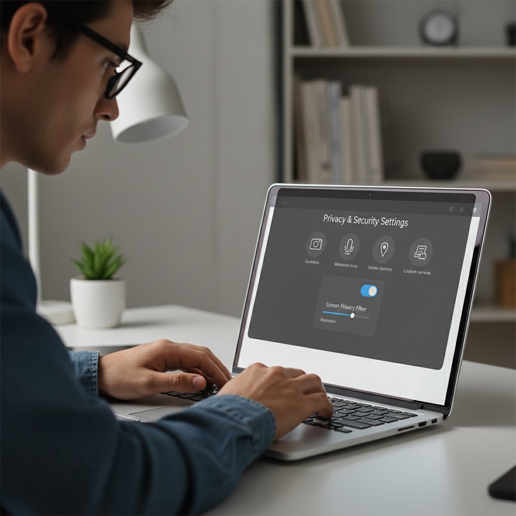 Laptop mit geöffnetem Datenschutz-Panel, Person prüft Einstellungen, Symbol für Sicherheit und Privatsphäre